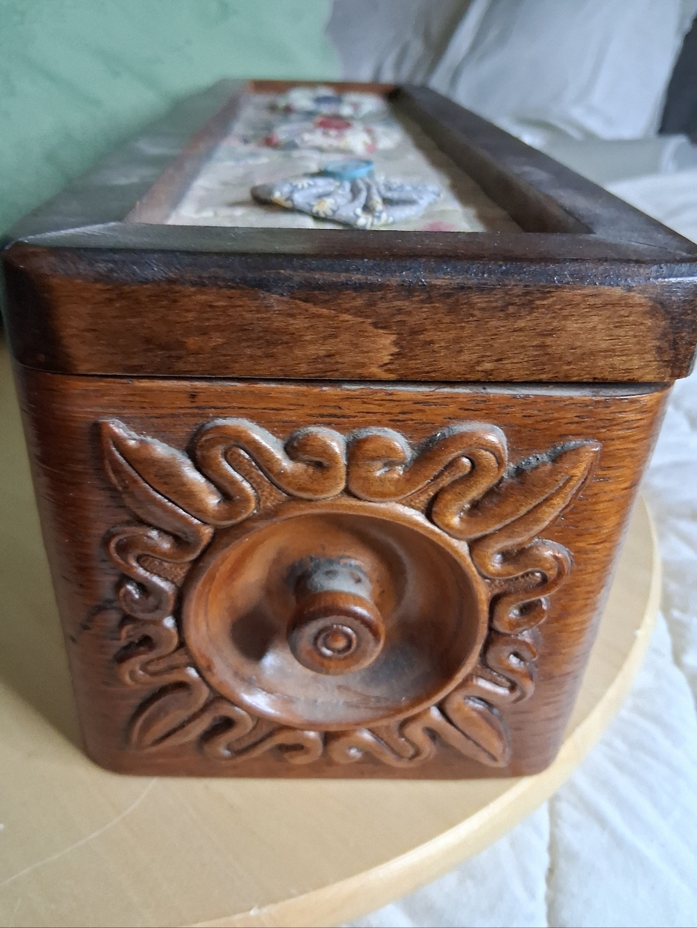 Vintage Carved Wooden Box Sewing Machine Drawer with Lid and Quilt Accents